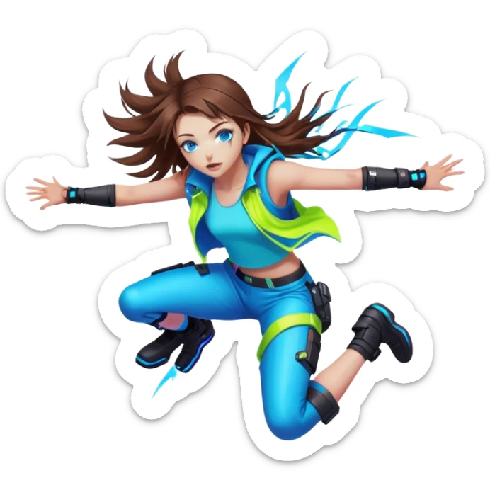 Neon cyberpunk style 
girl with brown hair and blue eyes 
falls sticker