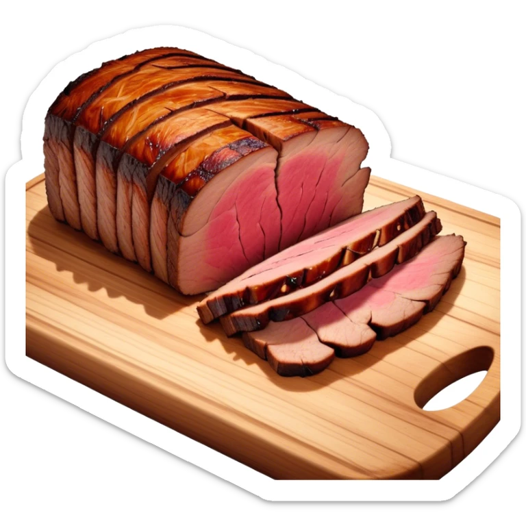 Cinematic smoked brisket, deep mahogany crust, perfectly sliced to reveal juicy marbled meat, warm smoky aroma, served on a wooden board, rich and flavorful, ultra-detailed and appetizing. sticker