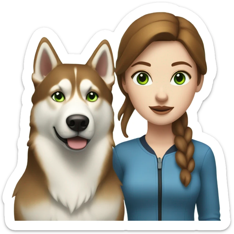 White Woman hair brown and bleus eyes and golden Husky With green eyes sticker