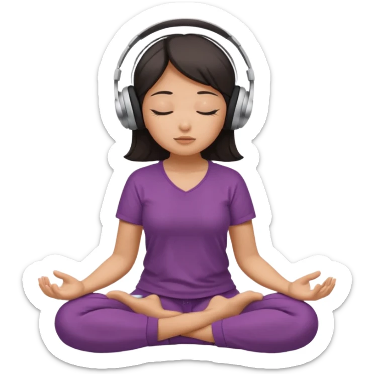 An East Asian woman🧘🏻‍♀️ is sitting cross-legged in a meditation pose, wearing Apple headphones🎧 and listening to music. The song is so beautiful that she has her eyes closed and tears streaming down her face. sticker