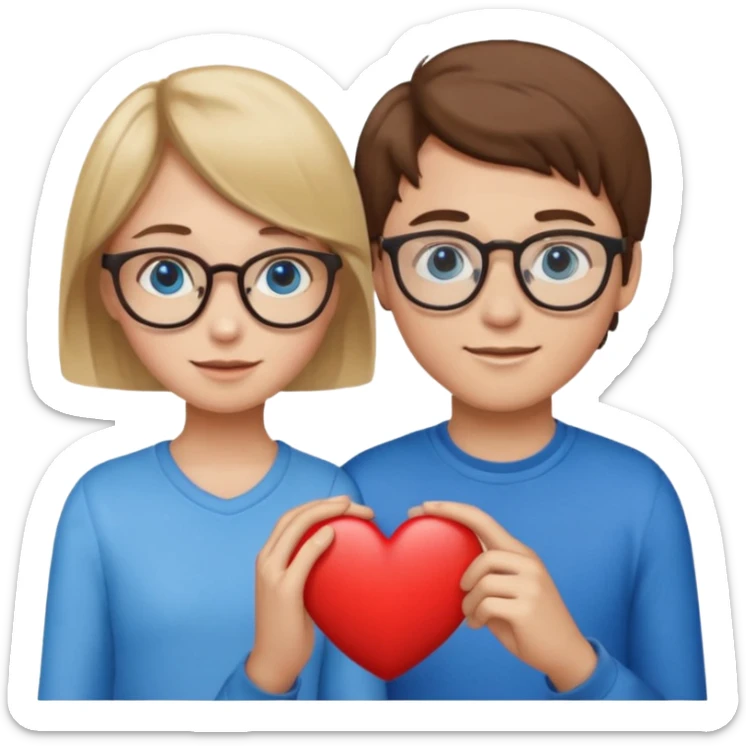 two young lovers, a heart in the middle, boy with brown hair and glasses, girl blonde with blue eyes without glasses, emoji style sticker