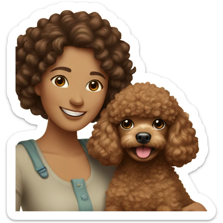 A mom with with brown curly hair and a brown daughter with black curly hair taking a photo and with the mom is holding a toy poodle dog  sticker