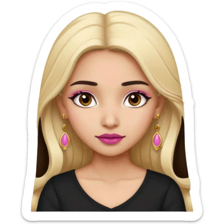 Sweet Indian girl blond long hair darkbrow  eyes brown/pink lipstick blush, black top gold earrings brown eyebrows  sticker