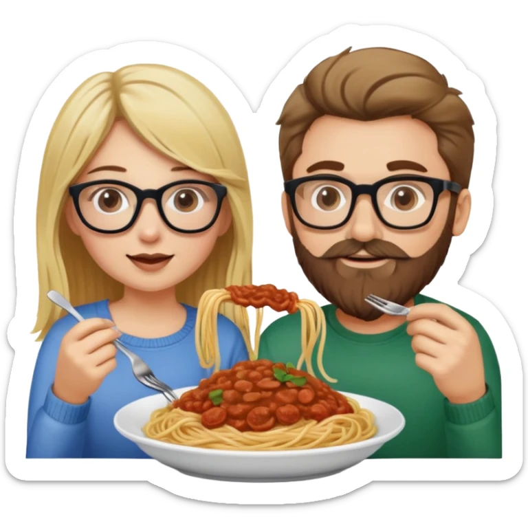 Blonde Caucasian girl eating spaghetti with Caucasian man with brown hair and beard wearing glasses sticker