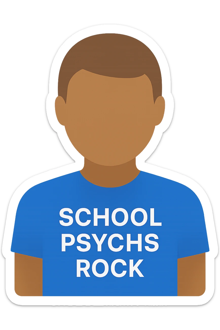 flat color icon of a person in a t-shirt with 'school psychs rock' written on it, clean lines, minimalistic, professional icon look sticker