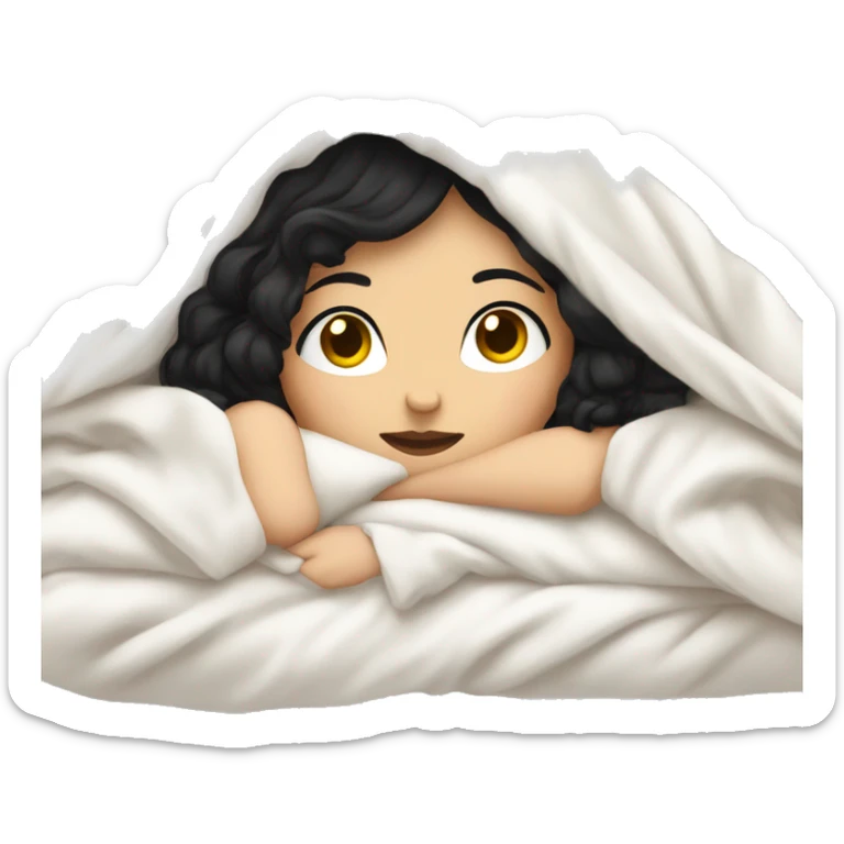 Pale Girl with black hair  laying down cozy in a white blanket sticker