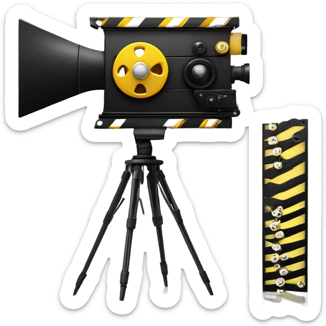 A black and yellow film reel, clapperboard, and movie camera. sticker