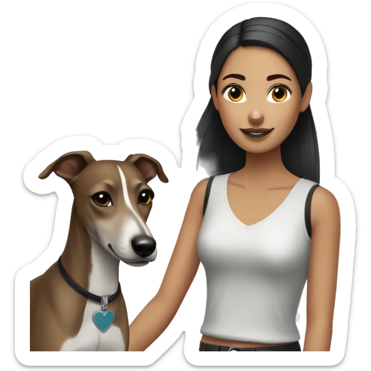 a girl with dark hair and a bun with a greyhound (whippet) dog breed next to her sticker