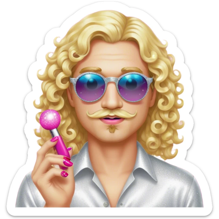 Man with long straight blonde hair, a curly blonde mustache, round sunglasses, add makeup and lipstick, make him look hot add sparkles and nail polish hot sticker