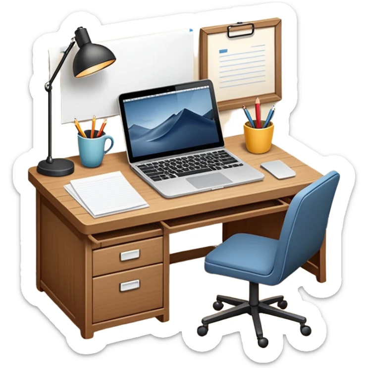 emoji of a cozy desk with a paper and a laptop on it sticker