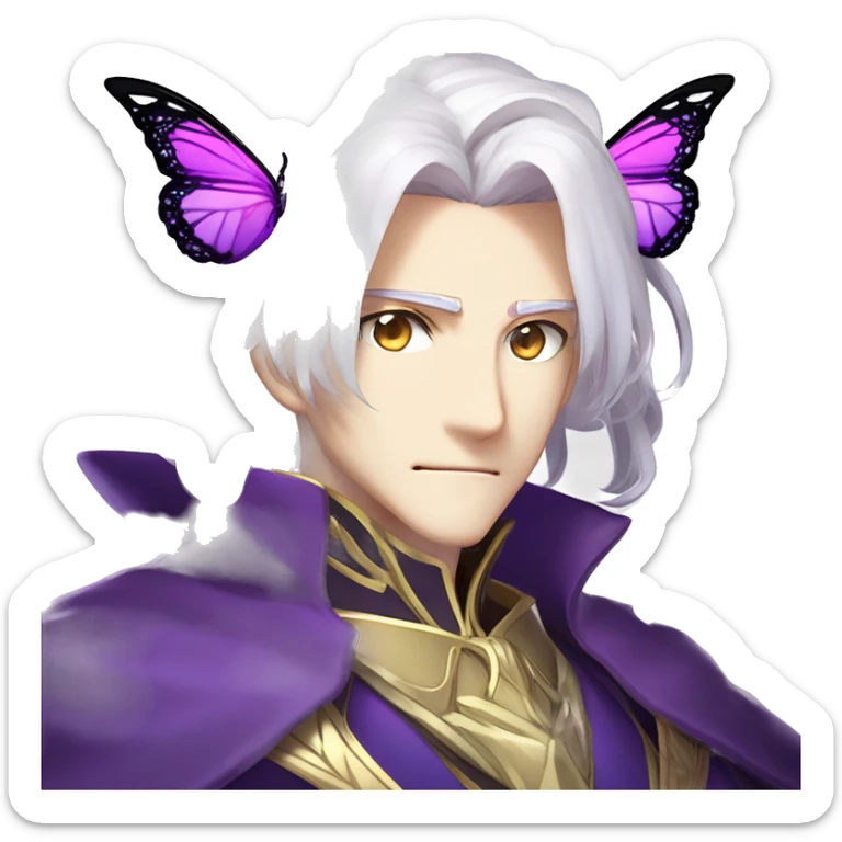 Oberon Voltigern in Fate/Grand Order has long white hair, glowing violet eyes, and translucent butterfly-like wings. He wears an elegant purple and gold coat, exuding a majestic and enigmatic presence fitting his role as the fairy king. sticker