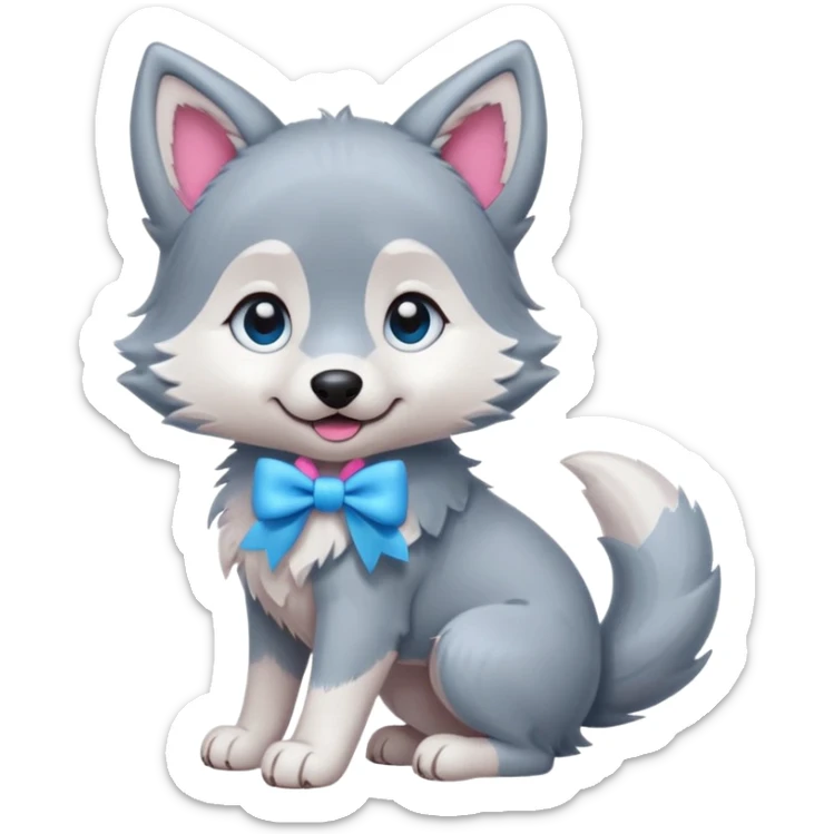 an animated gif-style sticker emote of a wolf puppy in a play-bow wagging its tail in a smooth, natural arc over its back. It has a pink bow on one ear and bright blue eyes sticker