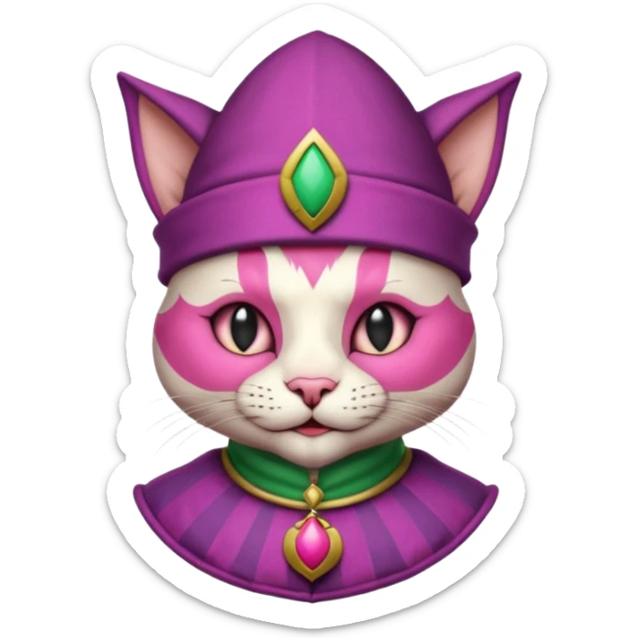 court jester cat medieval, single poker card joker clearly visible, pink, face only, round badge,  court jester cap sticker