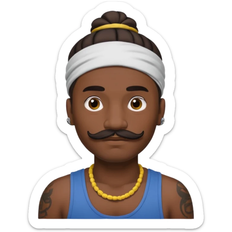 single bun hair man and mustache and face tattoos very heavy and headband sticker