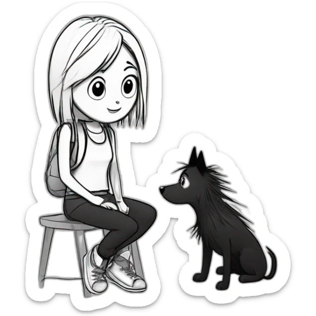 a dog and a girl with black spiky hair looking at each other in style of ((sarah andersen)), black and white,sarah andersen,cartoon,drawn,sketch sticker