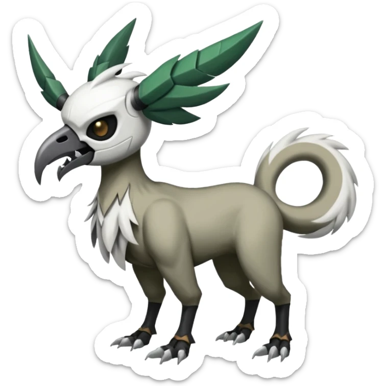 Shiny Black Grey White and Dark-Green Trico-Skarmory-Silvally-Skiddo-Sprigatito-Absol-fusion (full body) with and edgy white horned skull mask face sticker