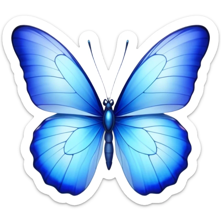 Cinematic Realistic Noble Blue Butterfly Portrait Emoji, Poised and graceful, with delicate, translucent wings rendered in vivid sapphire and indigo tones, a slender, elegant body with finely detailed textures, and gentle, reflective eyes, illuminated by soft natural light, high shine, intelligent and ethereal, styled with an air of refined natural beauty, focused and attentive, soft glowing outline, capturing the essence of a watchful and confident blue butterfly that appears to flutter out of the screen with effortless grace! sticker