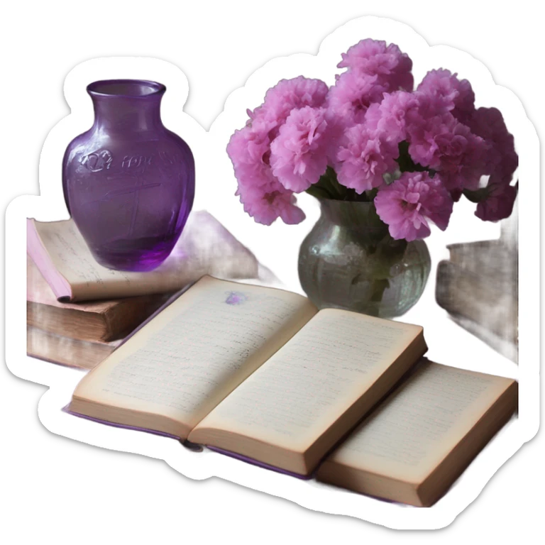An aesthetic arrangement of a violet vintage book and pink flowers in a glass vase, surrounded by antique letters sticker