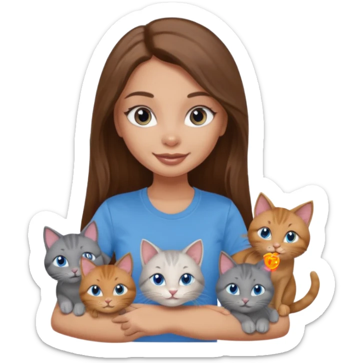 a pretty bratz dusky light skin girl with long brown hair, blue eyes with six cats nd wearing a grey tshirt sticker