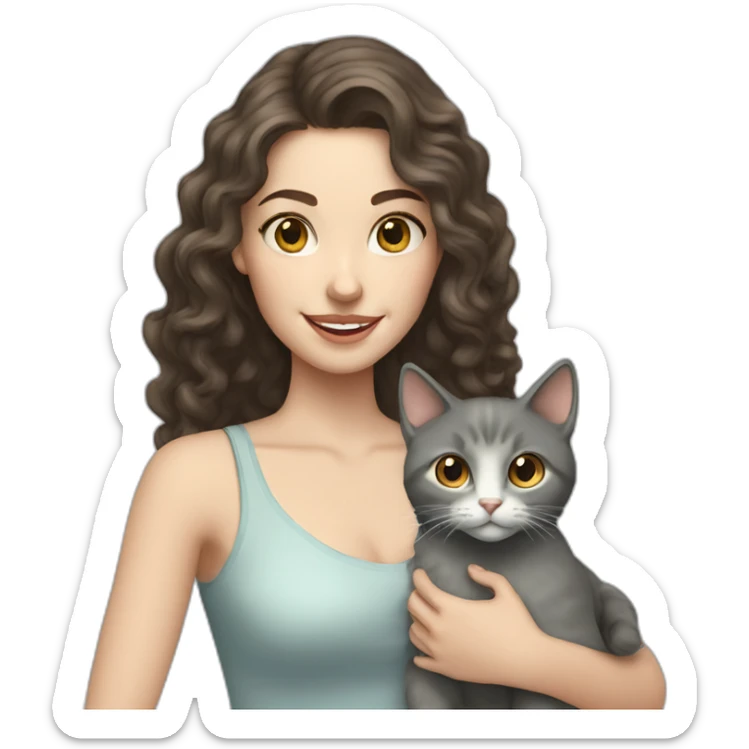 Young brunette pale woman with long curly hair holding a grey happy cat sticker