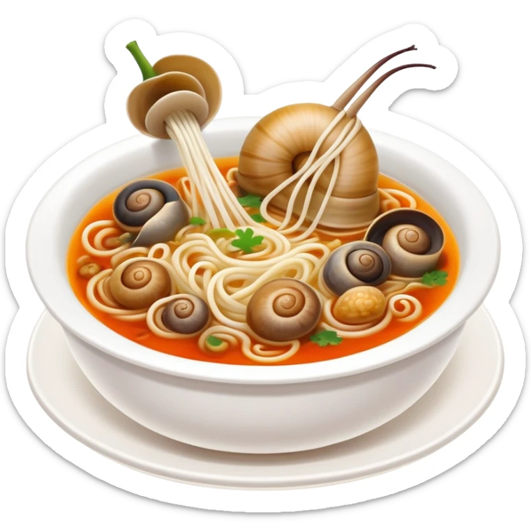 Liuzhou Snail Rice Noodles spicy soup with river snails, simplified emoji style with bold outlines and bright colors, cartoon style Guangxi specialty food sticker