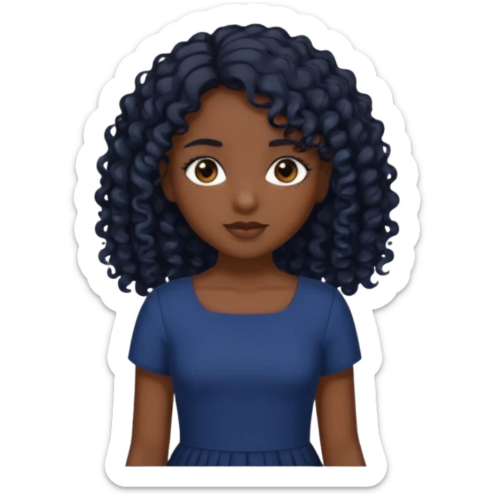 A girl with dark brown eyes Long curly black hair, slightly lighter than brownish black Navy blue dress sticker