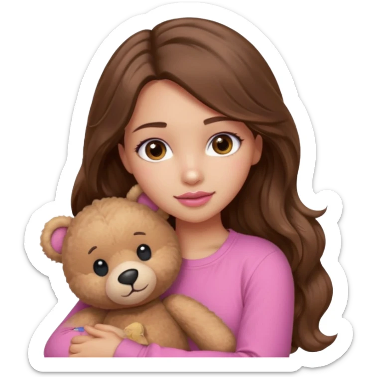 girl with long wavy brown hair, brown eyes, light to medium complexion, in a pink shirt, pink lips, long lashes, hugging a teddy bear sticker