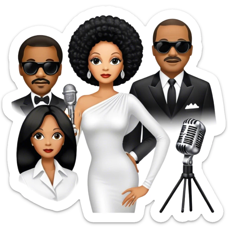 Icon for R&B Music: collage of legendary R&B artists—Diana Ross, Stevie Wonder, Marvin Gaye, Janet Jackson, Billy Ocean, and Whitney Houston. Represented by silhouettes or symbolic items like a microphone, guitar, or music notes. Transparent background. sticker