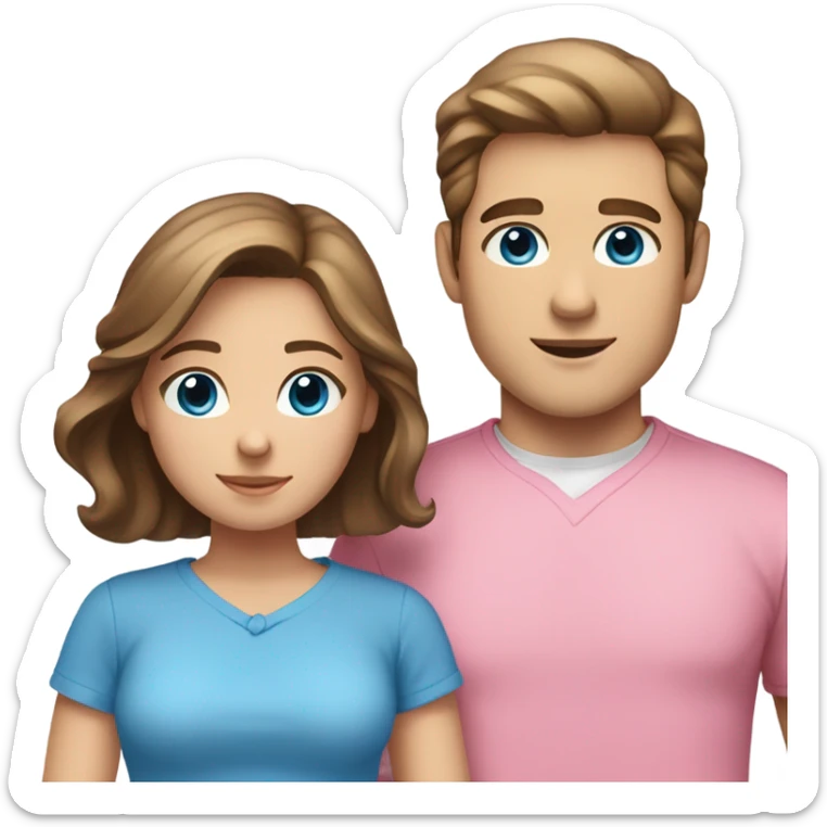 White young couple male has darker hair than female both have brown hair female has brown hair and long male has blue eyes and female has hazel eyes. Male is wearing blue shirt and female is wearing pink  sticker