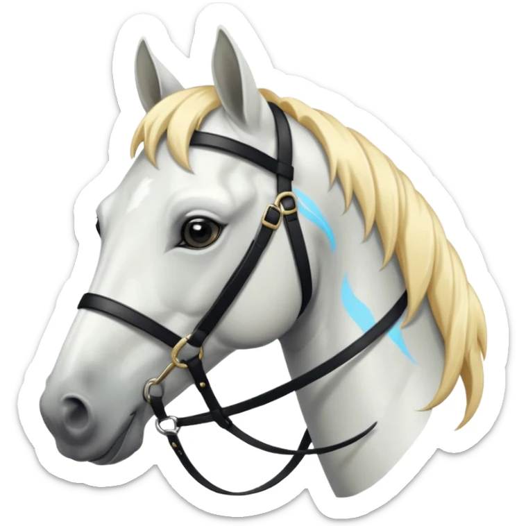 This is a cartoon-style image of a white horse with a light blond mane, wearing a black bridle, and shown in profile with a calm expression. sticker