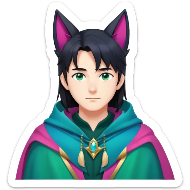 anime man with long-straight-dark-black hair, long black fox ears with pink Scapha, colorful-gradient-brown-turquoise eyes, gold earring, dark-blue-sweater, green cape,  sticker