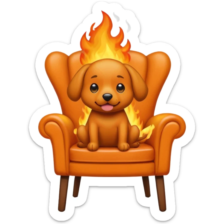 A cartoon orange dog on chair sitting in a house on fire and saying I'm fine sticker