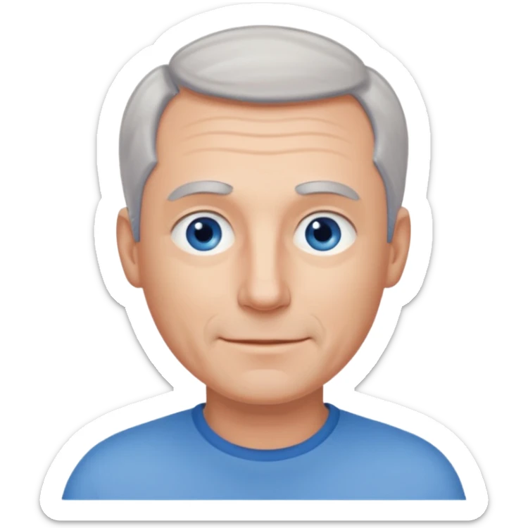 Middle aged man with receding grey hair and no beard, blue eyes, shy smile sticker