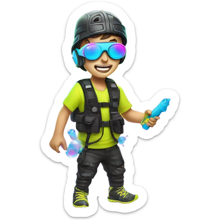 Caucasian boy in glowing rave outfit with mask, sunglasses, and headgear, firing hundreds of bubbles out of a water gun sticker