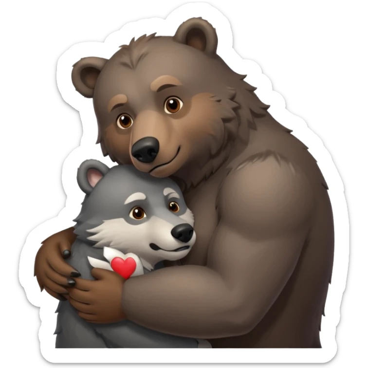 A beefy brown bear cuddling a grey wolf. Both of them are males and in love.  sticker