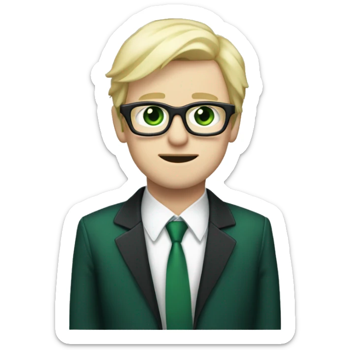 Show me a cold blue eyed dude with blonde hair, white glasses, pale white skin and a very very dark green suit that looks like it's black that also contains a green cross in it sticker