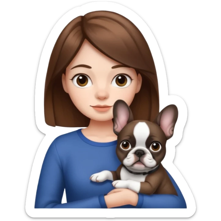 Make a girl with brown hair hold a white and black French bulldog sticker