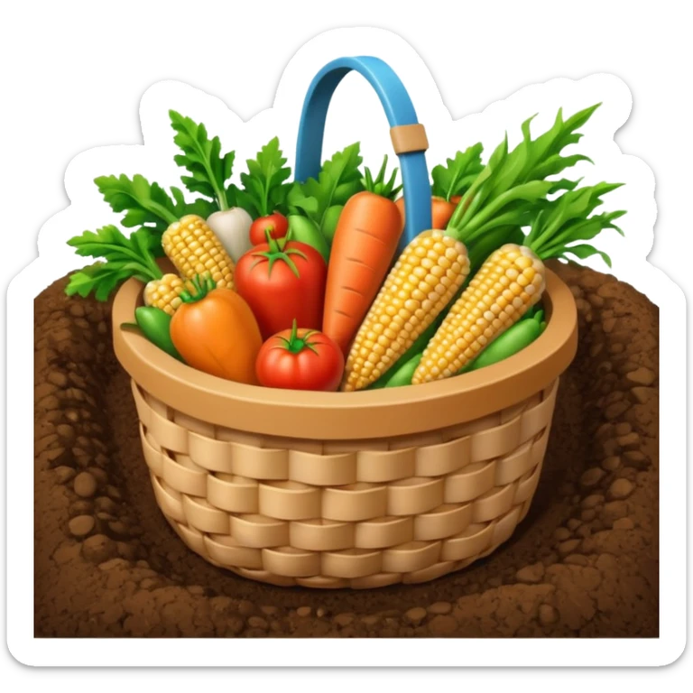 A 3D cartoon basket filled with fresh farm produce like carrots, tomatoes, and corn, placed on soil ground, soft natural lighting, Memoji-style texture. sticker