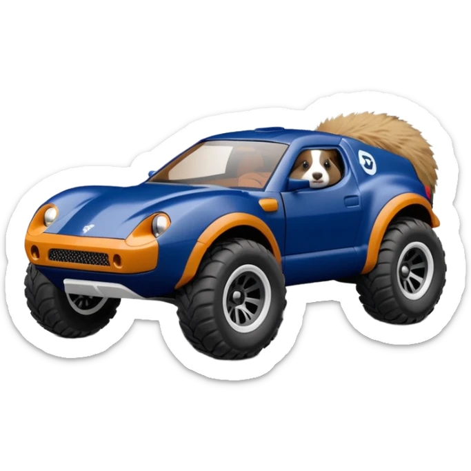 Side view of Midnight blue Local Motors Rally Fighter off road rc car driven by a Guinea pig  sticker