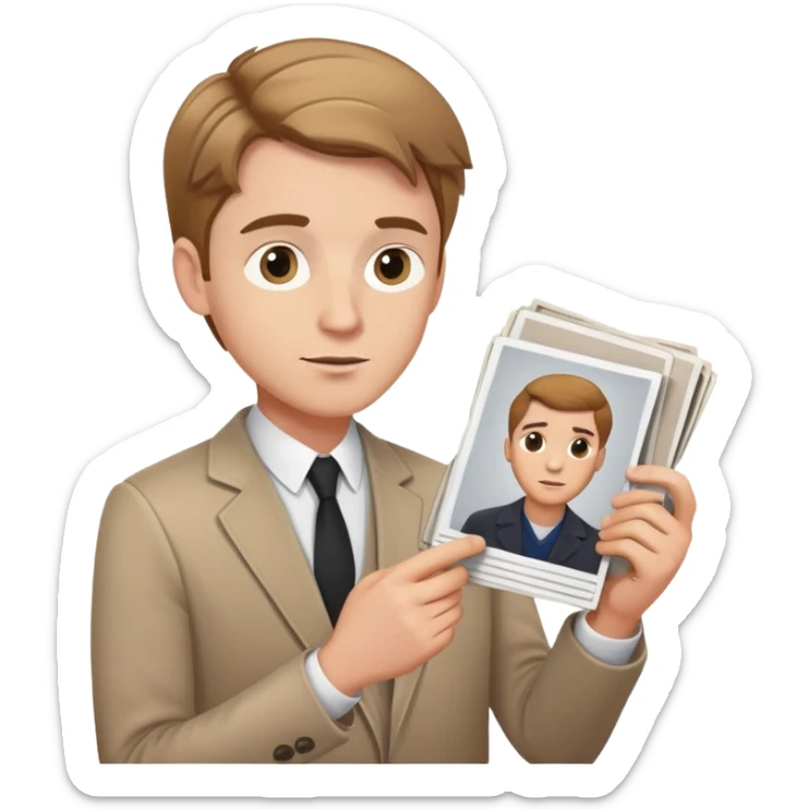 white male journalist with light brown hair, holding photos, examining pictures, curious look sticker