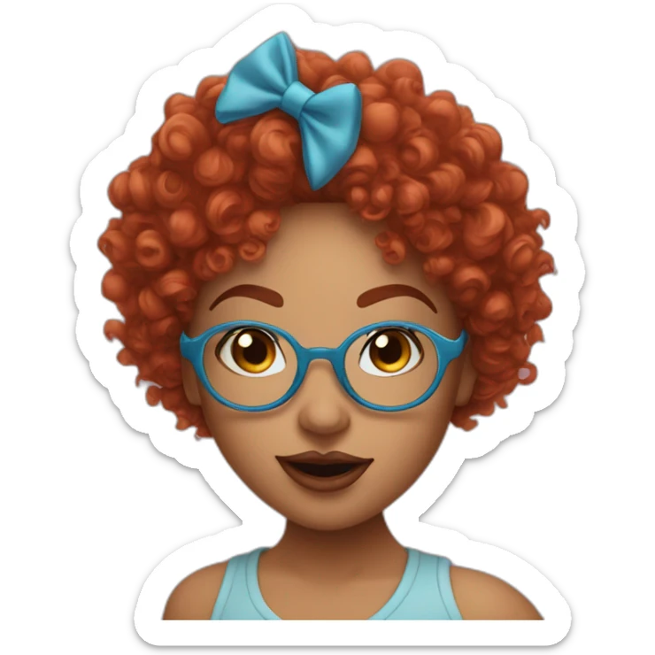 a curvy girl with curly red hair and blue glasses blowing a kiss sticker