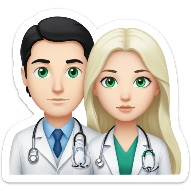 White guy with blue eyes and white girl with long black hair and green eyes. Doctors sticker