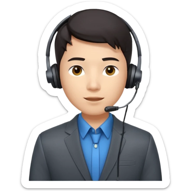 A young Asian man with smooth light skin, dark hair that swoops upward in the front, expressive eyes, a clean-shaven face, and a call-center style headset over one ear, usually paired with a crisp shirt and suit jacket visible from the chest up. sticker