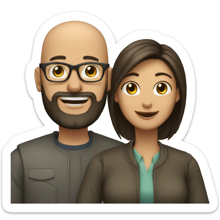 a couple, a man is bald and wearing glasses and beard. The woman has  dark, long  hair and smiling showing teeth. The woman is not wearing glasses. sticker