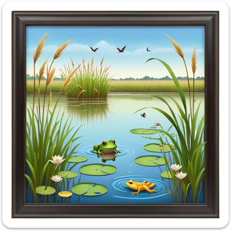 Cinematic Realistic Wetlands Emoji in a wooden frame, Peaceful and serene, with tall grasses swaying in the breeze and soft, muddy waters reflecting the sky above. Small birds and insects flit among the reeds while lily pads float lazily across the surface, punctuated by the occasional croak of a frog or splash of a fish. Soft glowing outline, capturing the essence of a calm, tranquil wetland brimming with life and natural beauty. sticker
