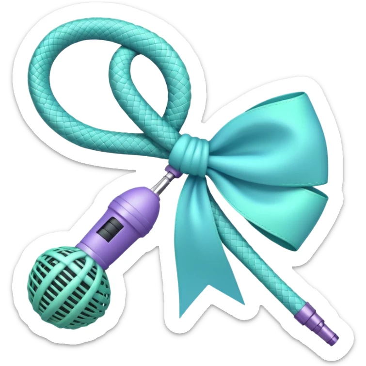 A pastel blue bow with a pastel a pastel green snake at the top of one side and a pastel purple microphone on the bottom of the other side of the bow sticker