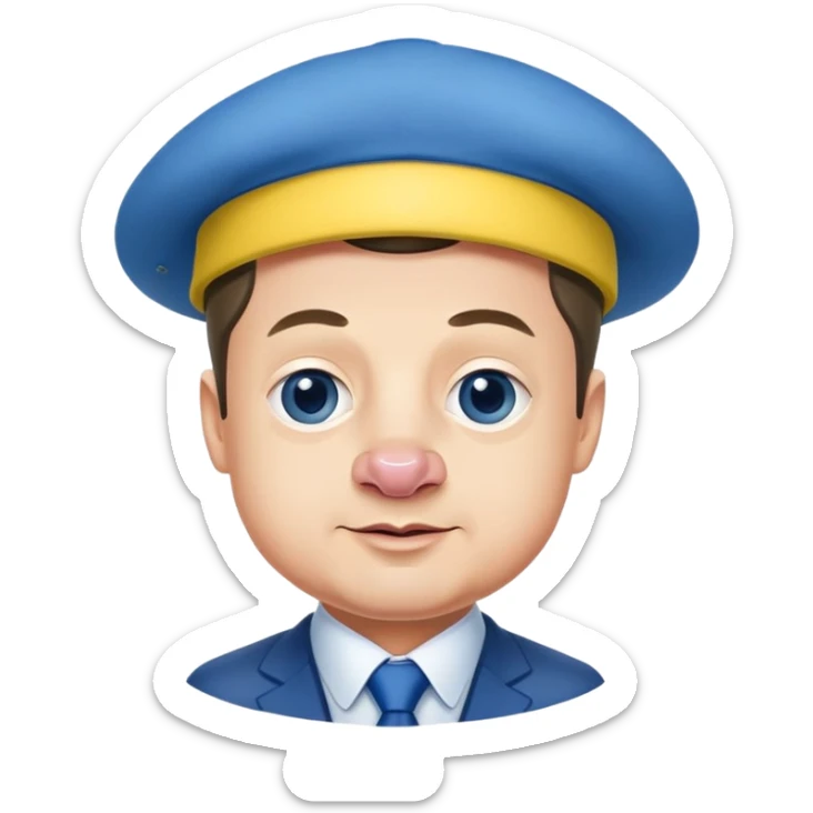 President Zelensky's head on a pig body wearing a yellow and blue hat sticker