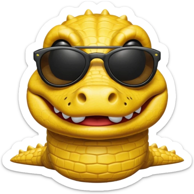 Cocodrilo feliz con boca cerrada mirando de frente que tengan lentes negros y sea color amarillo con fondo blanco sticker