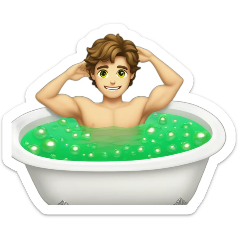 Posh-muscle-boy-brown-hair-green-eyes-pearl-necklace-in-golden-bathtub sticker