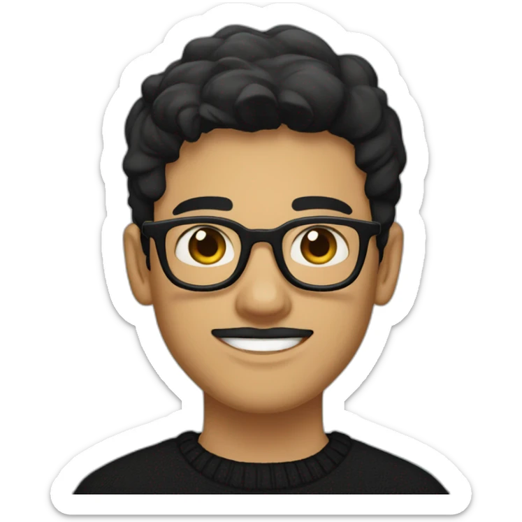a light skin Pakistani teenager, wearing round glasses, short moustache, black straight hair, black jumper/sweater, structured manly face sticker